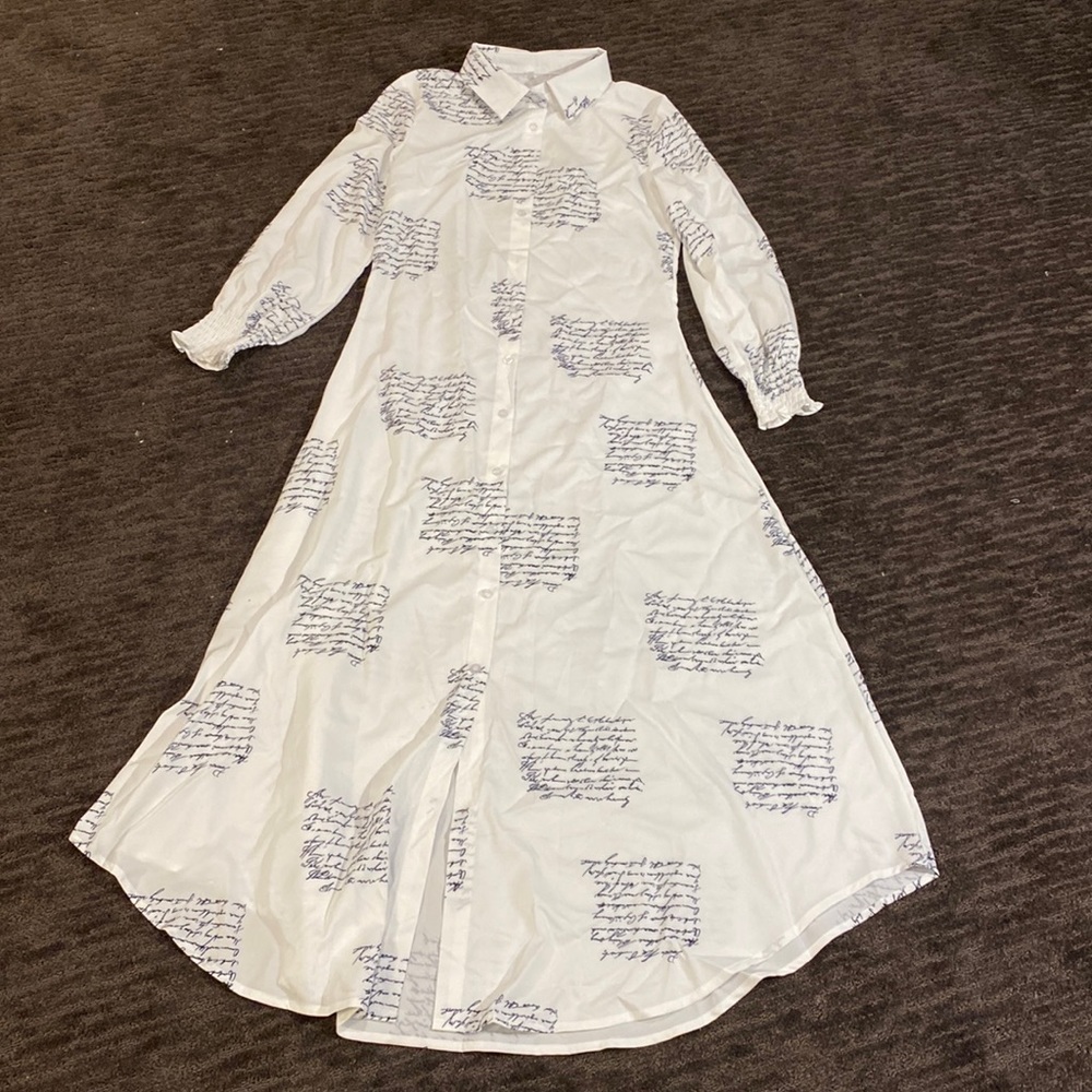 NEW maxi A-line beach dress with graphic writing design, button down shirt dress